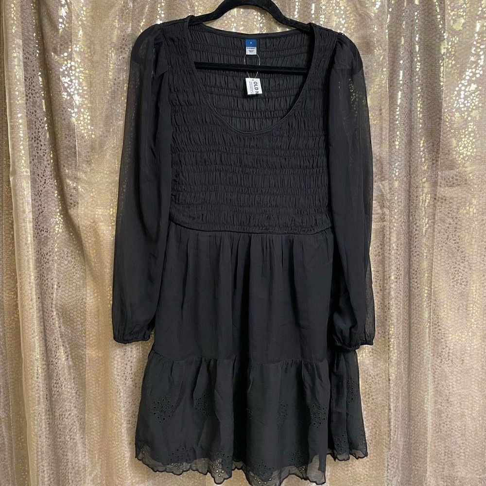 Old Navy Black Jack Fit & Flare Long-Sleeve Eyelet Mini Dress Small NWT